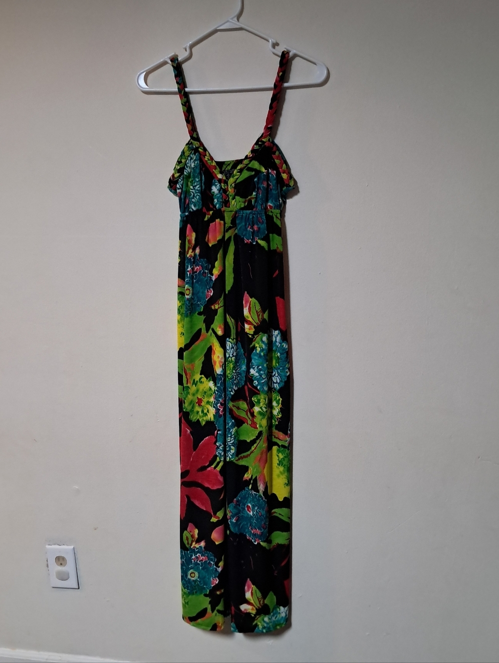 Y2K Braided Babydoll Black Floral Maxi Dress with Bright Tropical Print Sz. M